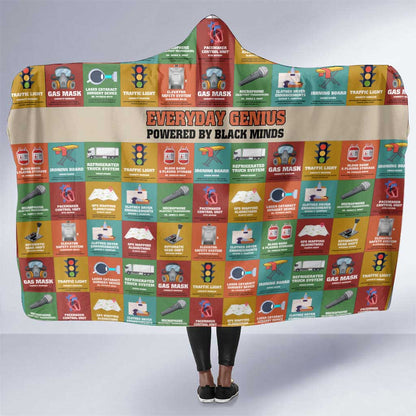 Everyday Genius Powered by Black Minds Hooded Blanket with Colorful Invention Icons Pattern - African Pride
