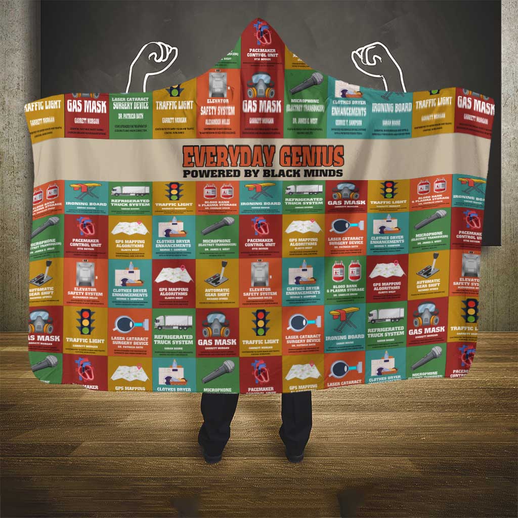 Everyday Genius Powered by Black Minds Hooded Blanket with Colorful Invention Icons Pattern - African Pride