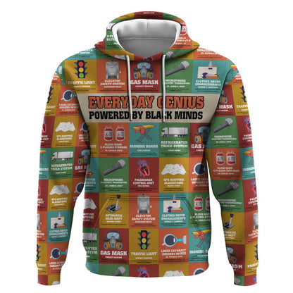 Everyday Genius Powered by Black Minds Hoodie with Colorful Invention Icons Pattern - African Pride