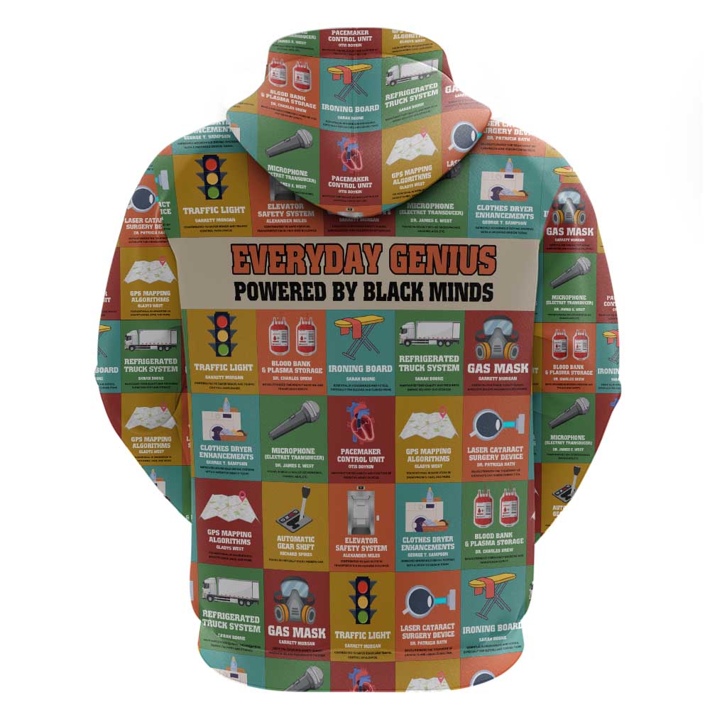 Everyday Genius Powered by Black Minds Hoodie with Colorful Invention Icons Pattern - African Pride