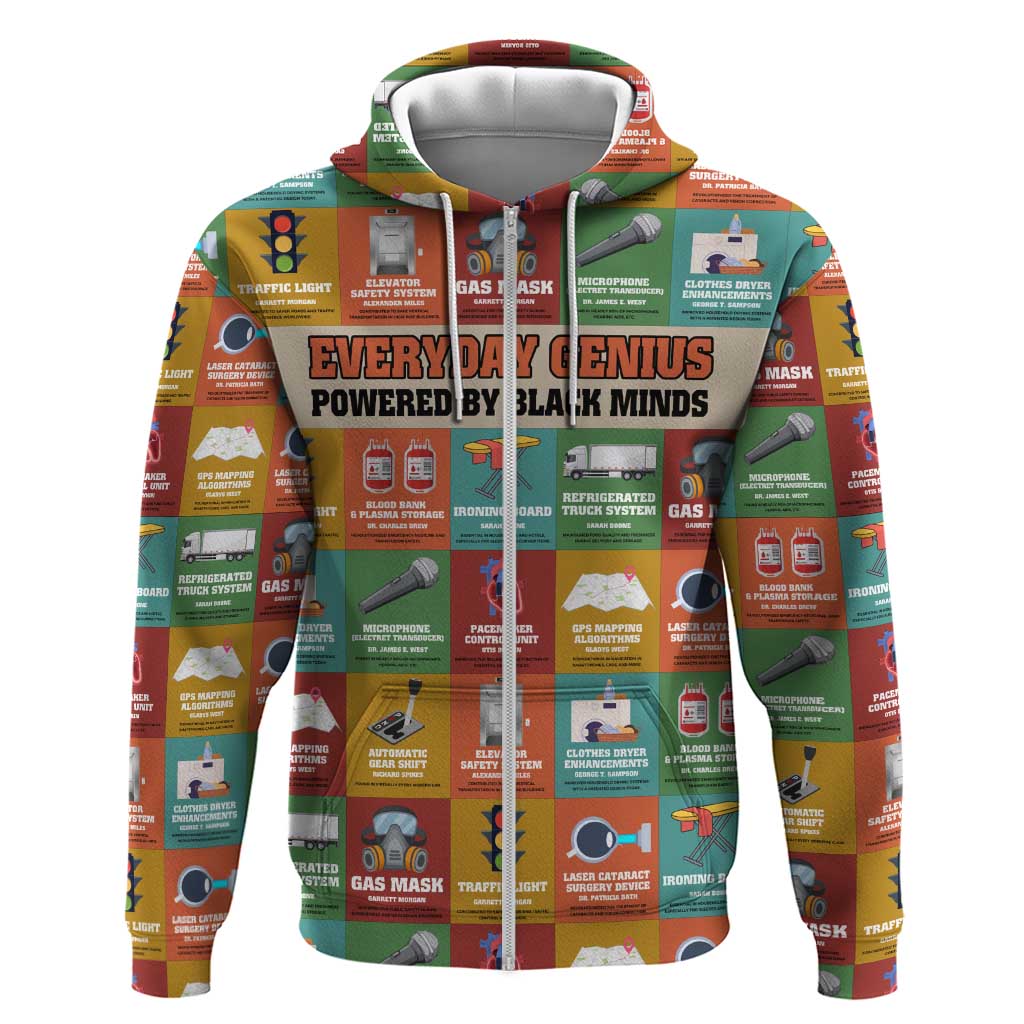 Everyday Genius Powered by Black Minds Hoodie with Colorful Invention Icons Pattern - African Pride