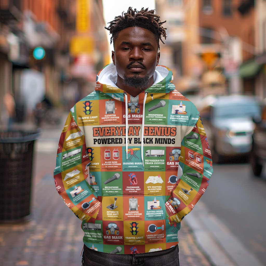 Everyday Genius Powered by Black Minds Hoodie with Colorful Invention Icons Pattern - African Pride