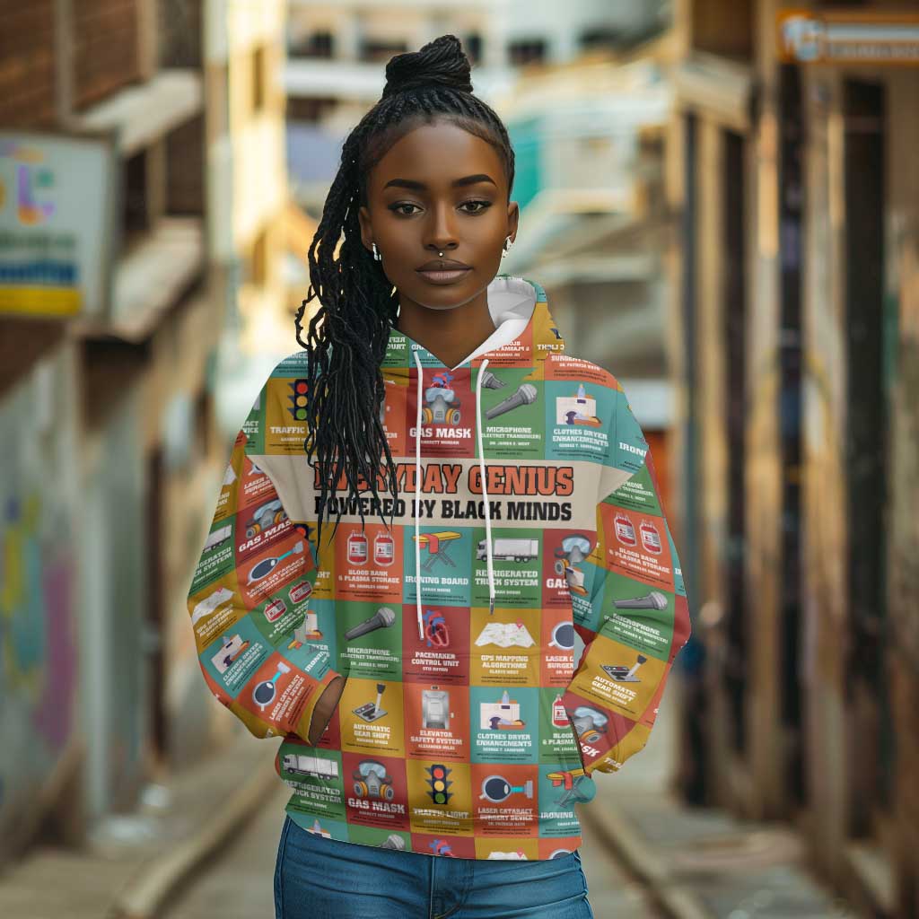 Everyday Genius Powered by Black Minds Hoodie with Colorful Invention Icons Pattern - African Pride