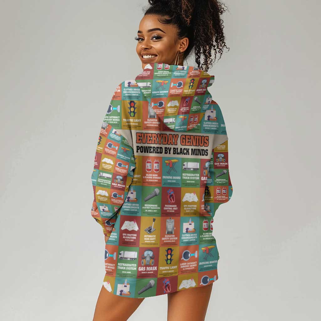Everyday Genius Powered by Black Minds Hoodie Dress with Colorful Invention Icons Pattern - African Pride
