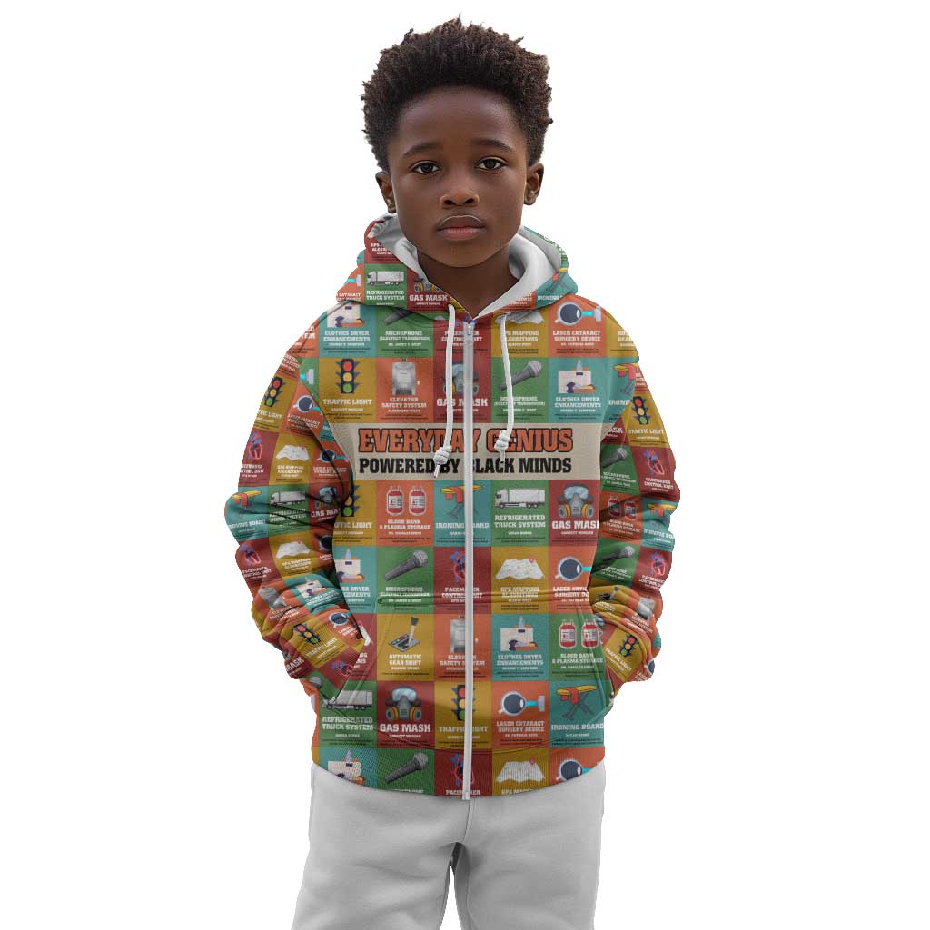Everyday Genius Powered by Black Minds Kid Hoodie with Colorful Invention Icons Pattern - African Pride