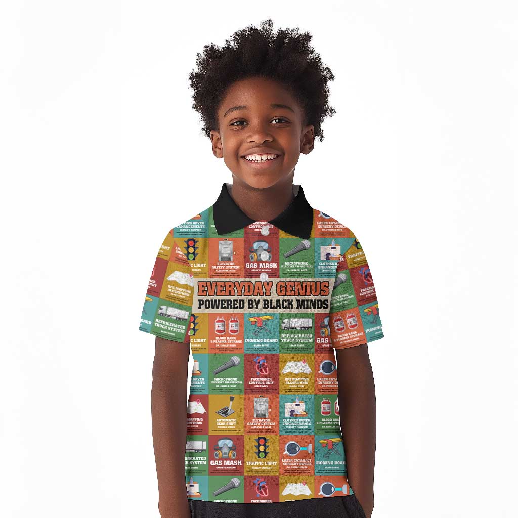 Everyday Genius Powered by Black Minds Kid Polo Shirt with Colorful Invention Icons Pattern - African Pride