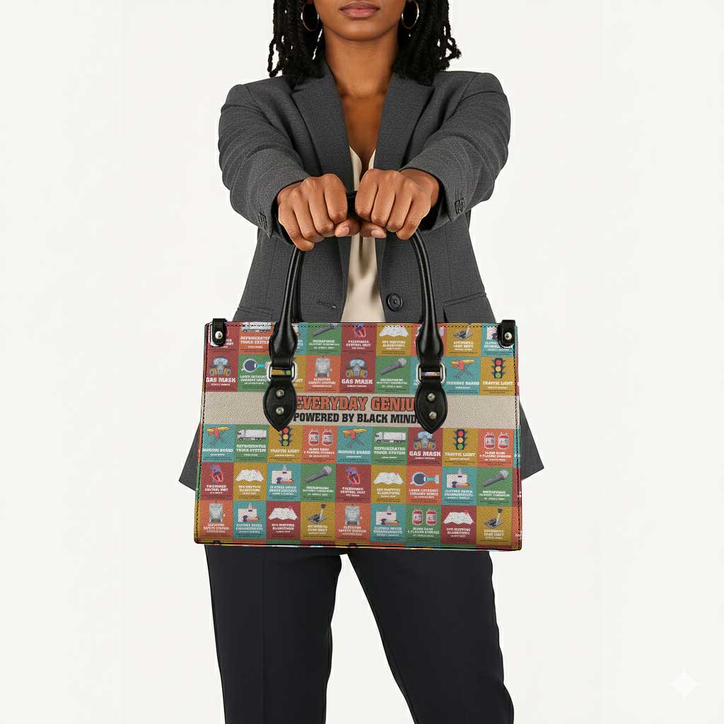 Everyday Genius Powered by Black Minds Leather Bag with Colorful Invention Icons Pattern - African Pride