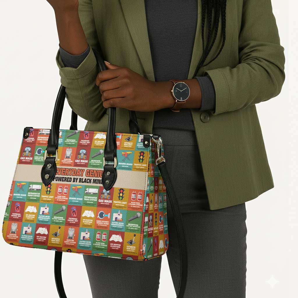 Everyday Genius Powered by Black Minds Leather Bag with Colorful Invention Icons Pattern - African Pride