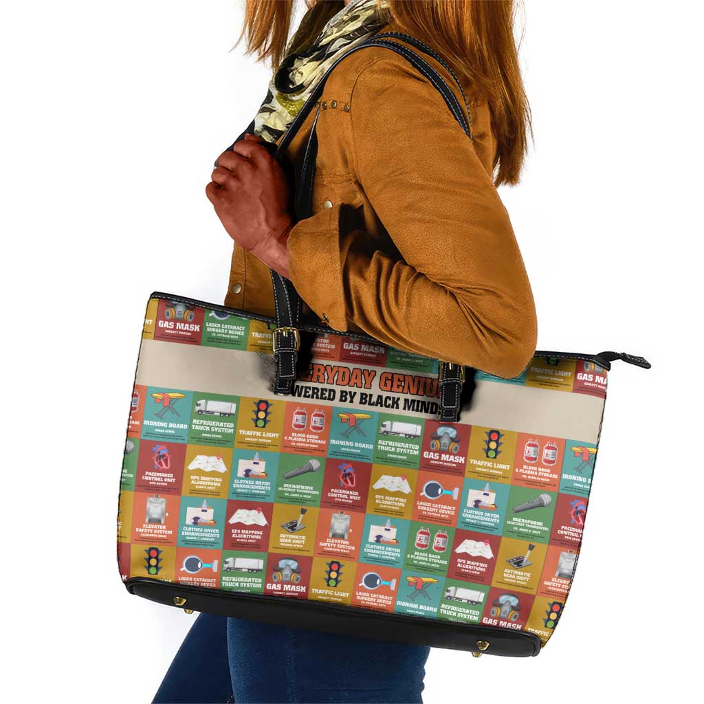 Everyday Genius Powered by Black Minds Leather Tote Bag with Colorful Invention Icons Pattern - African Pride