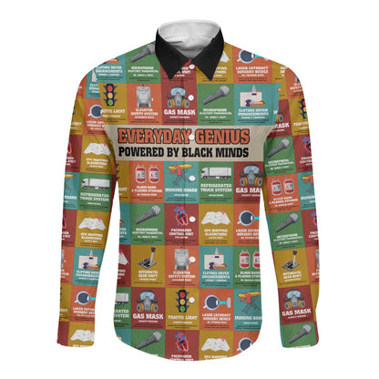 Everyday Genius Powered by Black Minds Long Sleeve Button Shirt with Colorful Invention Icons Pattern - African Pride