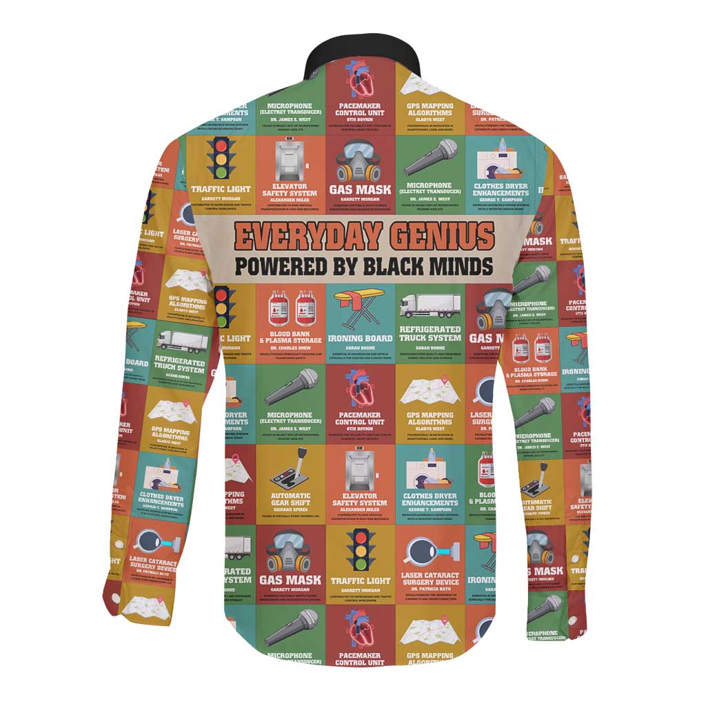 Everyday Genius Powered by Black Minds Long Sleeve Button Shirt with Colorful Invention Icons Pattern - African Pride