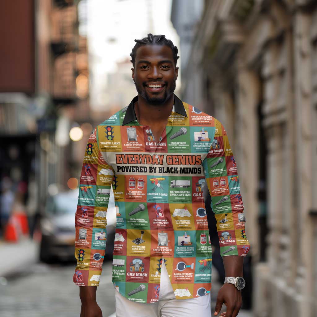 Everyday Genius Powered by Black Minds Long Sleeve Button Shirt with Colorful Invention Icons Pattern - African Pride