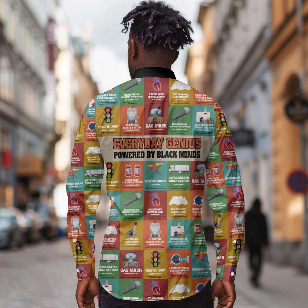 Everyday Genius Powered by Black Minds Long Sleeve Button Shirt with Colorful Invention Icons Pattern - African Pride