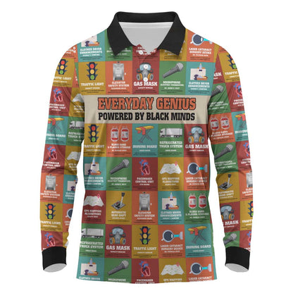 Everyday Genius Powered by Black Minds Long Sleeve Polo Shirt with Colorful Invention Icons Pattern - African Pride