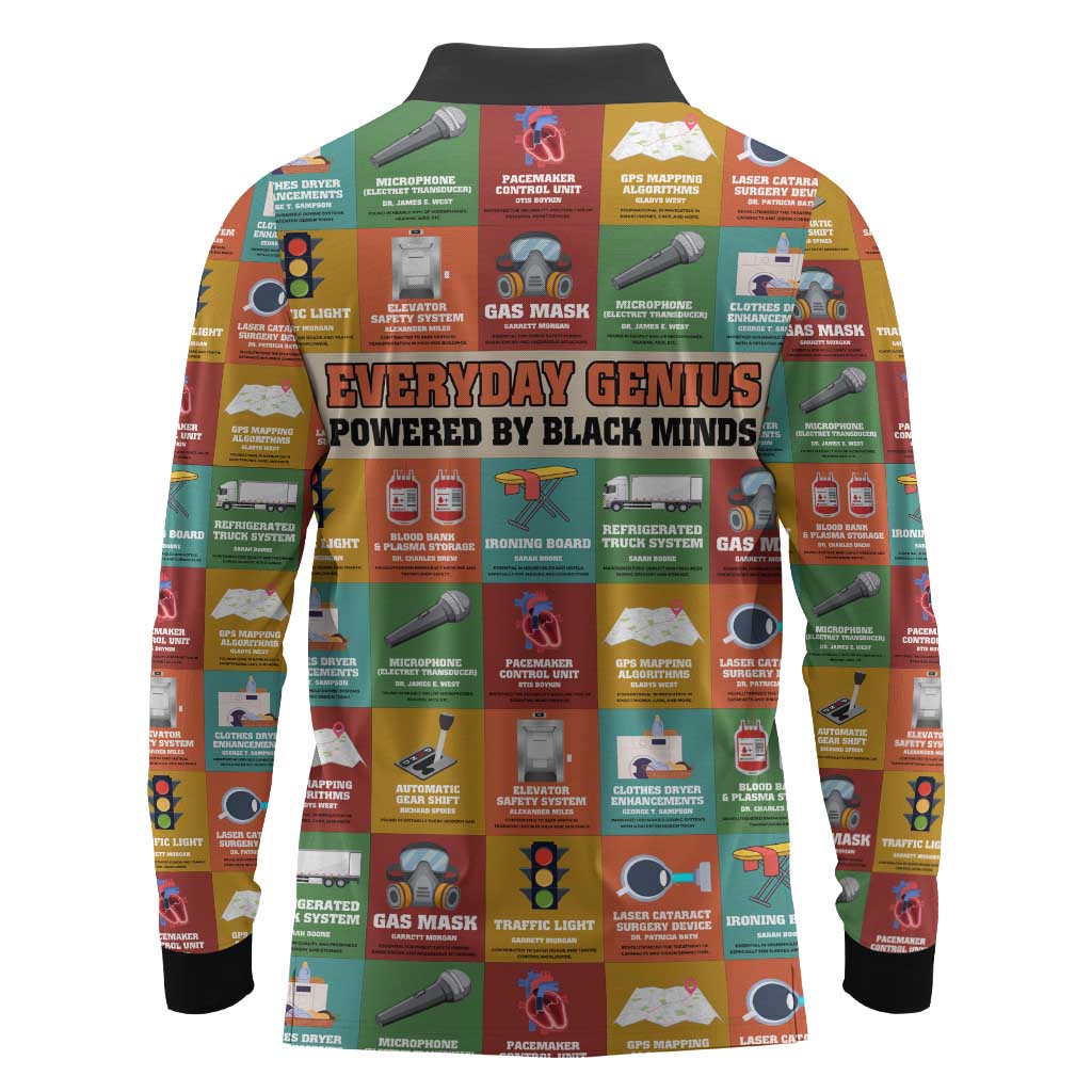 Everyday Genius Powered by Black Minds Long Sleeve Polo Shirt with Colorful Invention Icons Pattern - African Pride
