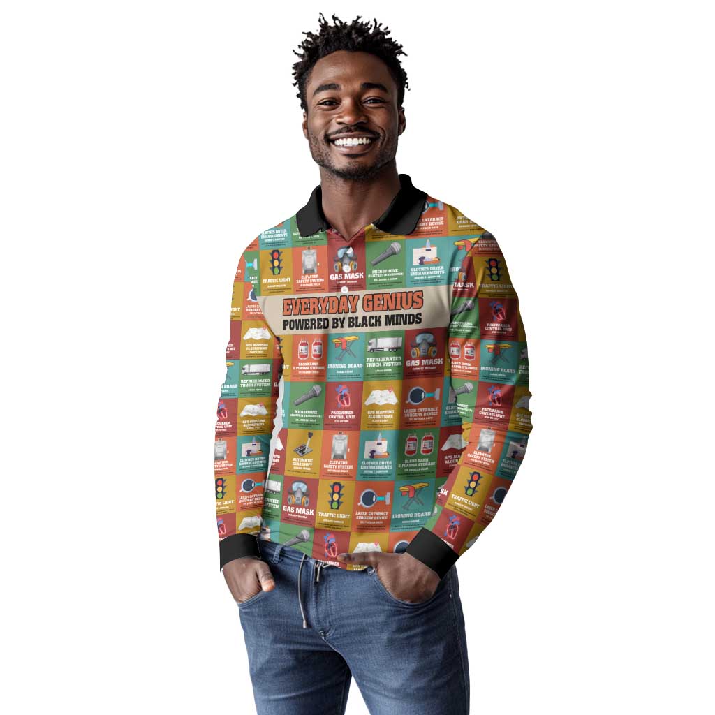 Everyday Genius Powered by Black Minds Long Sleeve Polo Shirt with Colorful Invention Icons Pattern - African Pride