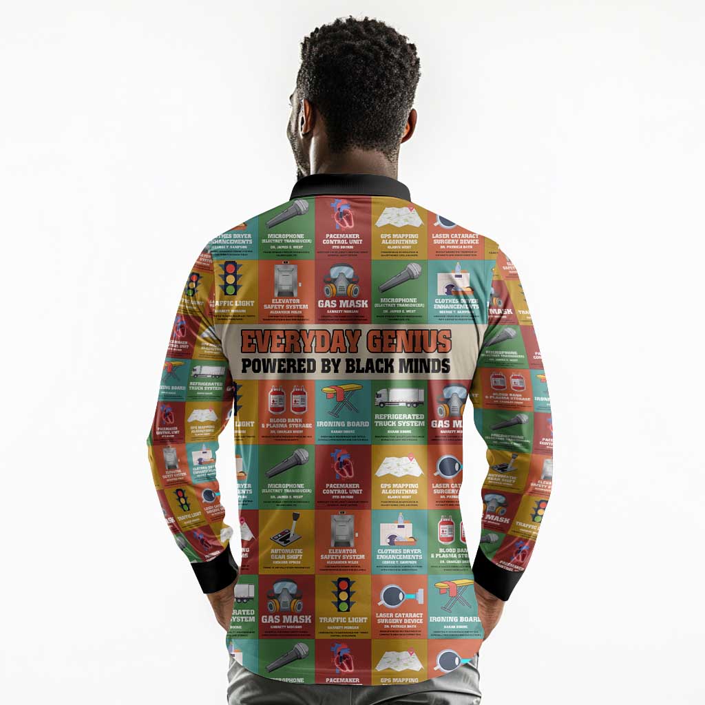 Everyday Genius Powered by Black Minds Long Sleeve Polo Shirt with Colorful Invention Icons Pattern - African Pride