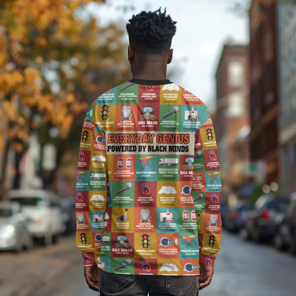 Everyday Genius Powered by Black Minds Long Sleeve Shirt with Colorful Invention Icons Pattern - African Pride