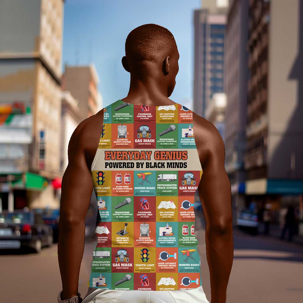 Everyday Genius Powered by Black Minds Men Tank Top with Colorful Invention Icons Pattern - African Pride