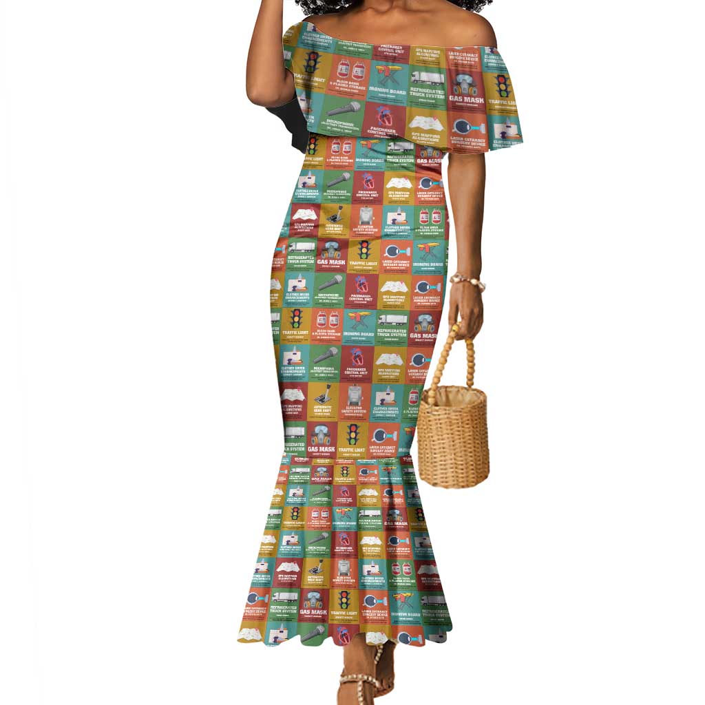 Everyday Genius Powered by Black Minds Mermaid Dress with Colorful Invention Icons Pattern - African Pride