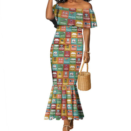 Everyday Genius Powered by Black Minds Mermaid Dress with Colorful Invention Icons Pattern - African Pride