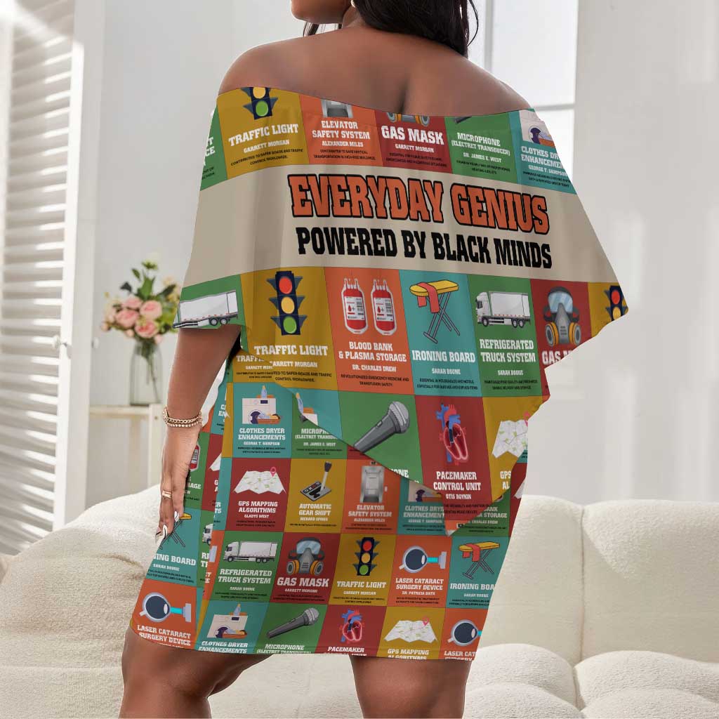 Everyday Genius Powered by Black Minds Off Shoulder Short Dress with Colorful Invention Icons Pattern - African Pride