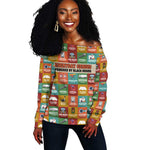 Everyday Genius Powered by Black Minds Off Shoulder Sweater with Colorful Invention Icons Pattern - African Pride