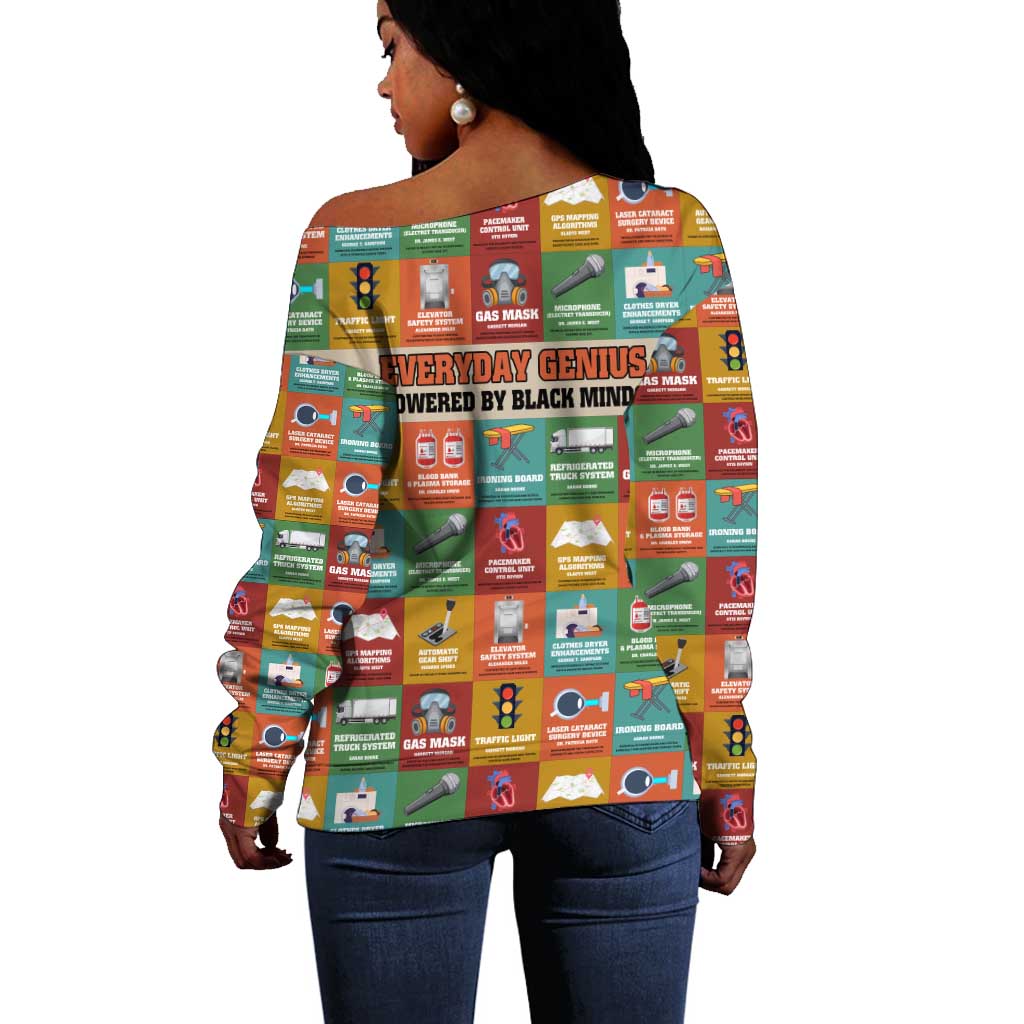 Everyday Genius Powered by Black Minds Off Shoulder Sweater with Colorful Invention Icons Pattern - African Pride