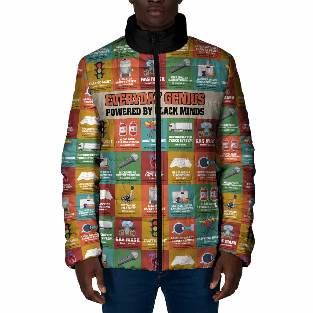 Everyday Genius Powered by Black Minds Padded Jacket with Colorful Invention Icons Pattern - African Pride
