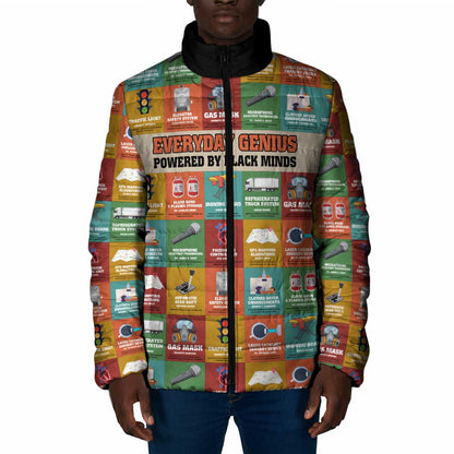 Everyday Genius Powered by Black Minds Padded Jacket with Colorful Invention Icons Pattern - African Pride