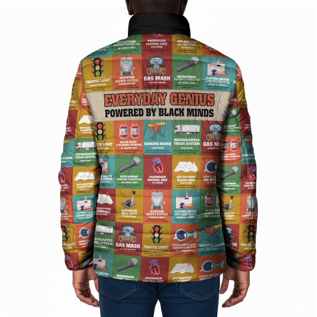Everyday Genius Powered by Black Minds Padded Jacket with Colorful Invention Icons Pattern - African Pride