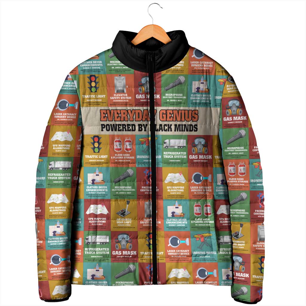 Everyday Genius Powered by Black Minds Padded Jacket with Colorful Invention Icons Pattern - African Pride