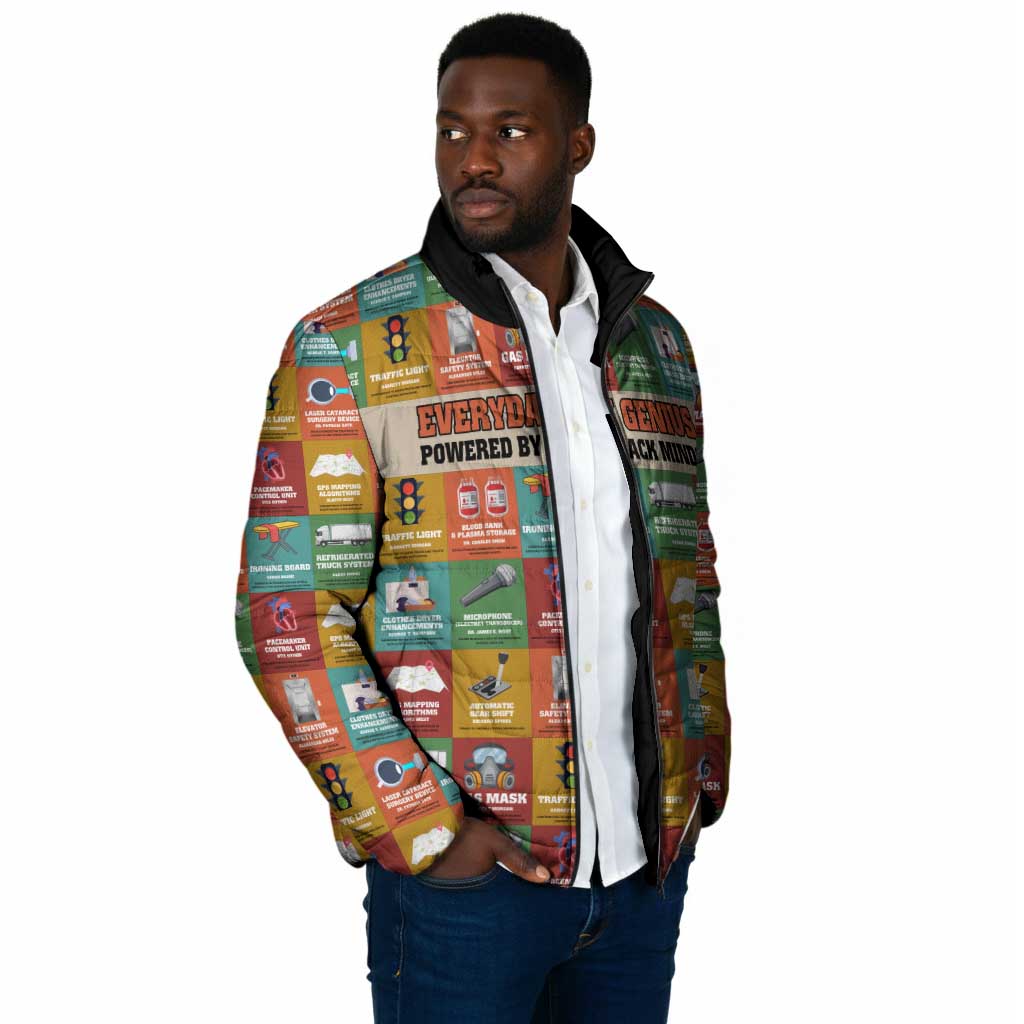Everyday Genius Powered by Black Minds Padded Jacket with Colorful Invention Icons Pattern - African Pride
