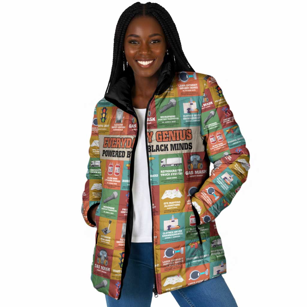 Everyday Genius Powered by Black Minds Padded Jacket with Colorful Invention Icons Pattern - African Pride