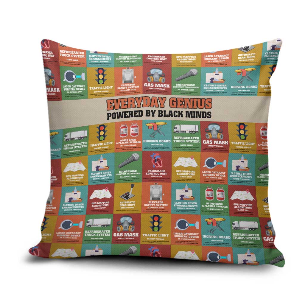 Everyday Genius Powered by Black Minds Pillow Cover with Colorful Invention Icons Pattern - African Pride