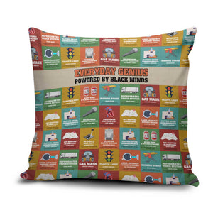 Everyday Genius Powered by Black Minds Pillow Cover with Colorful Invention Icons Pattern - African Pride