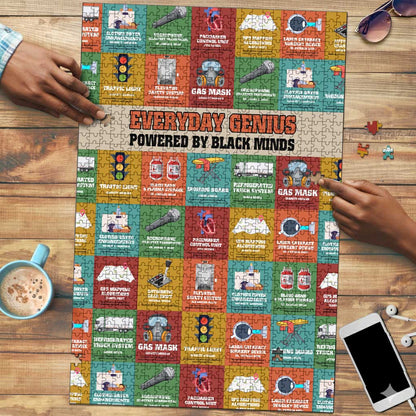 Everyday Genius Powered by Black Minds Puzzle with Colorful Invention Icons Pattern - African Pride