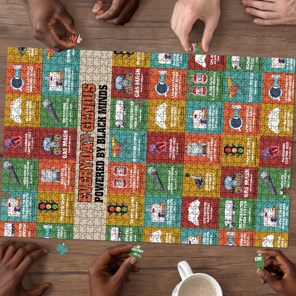 Everyday Genius Powered by Black Minds Puzzle with Colorful Invention Icons Pattern - African Pride