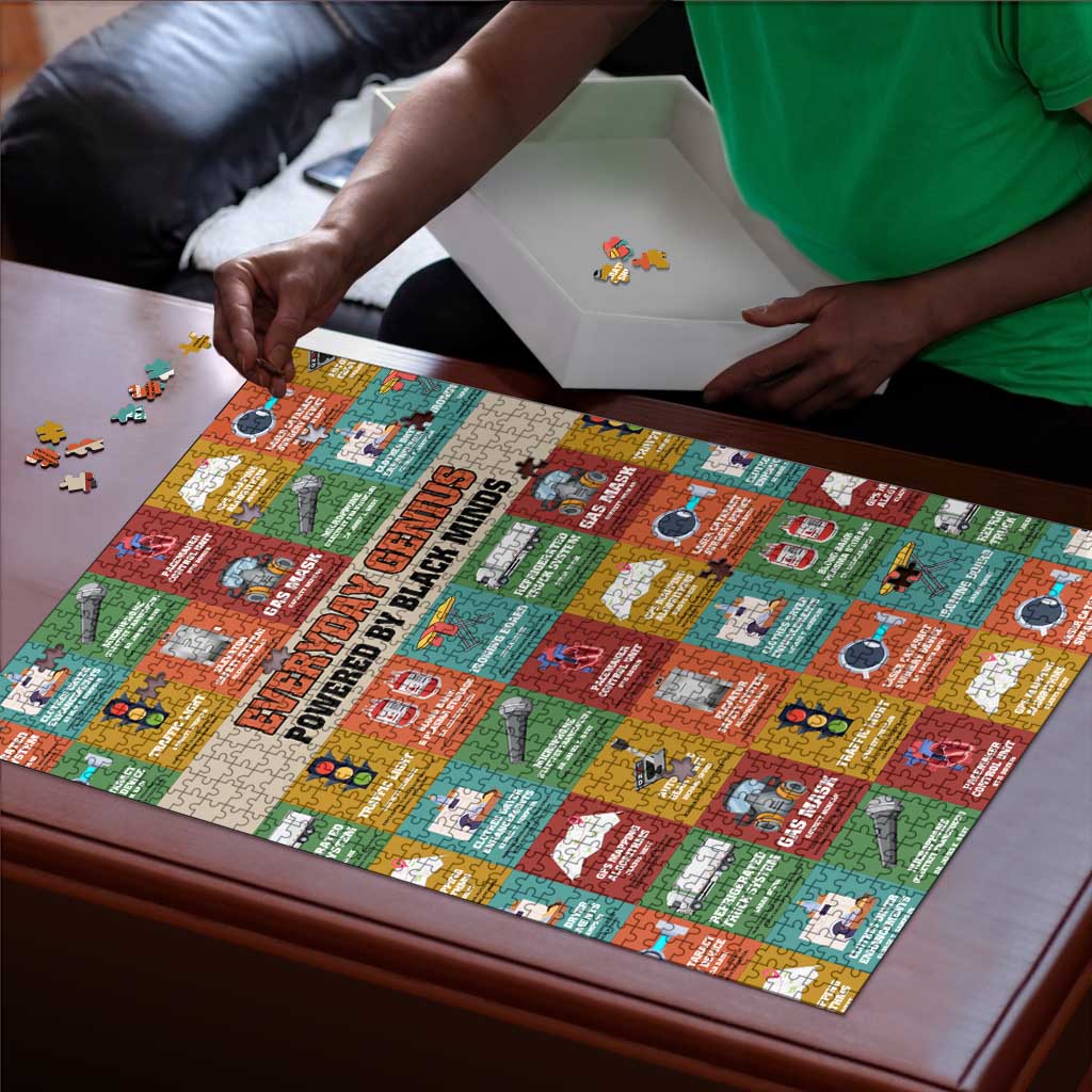 Everyday Genius Powered by Black Minds Puzzle with Colorful Invention Icons Pattern - African Pride