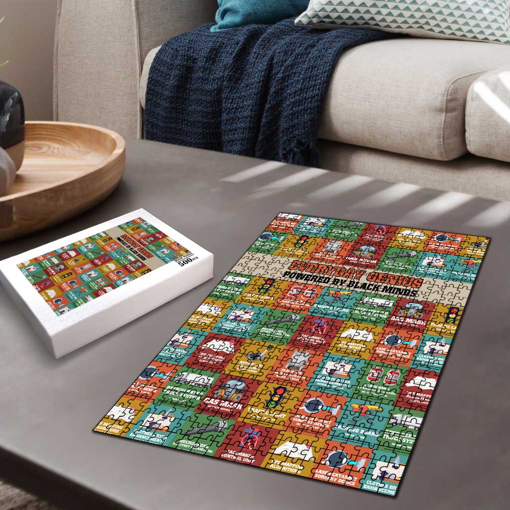 Everyday Genius Powered by Black Minds Puzzle with Colorful Invention Icons Pattern - African Pride