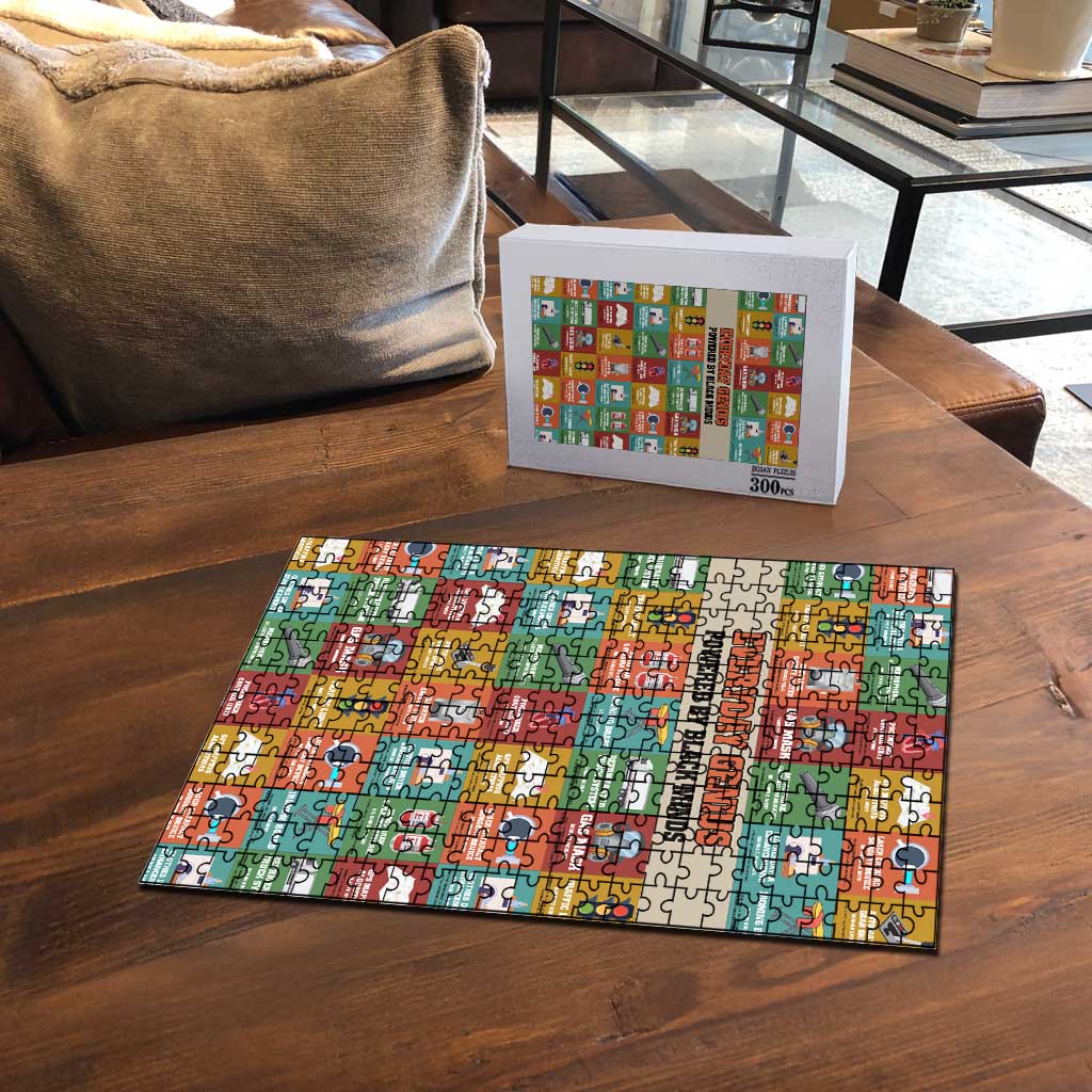 Everyday Genius Powered by Black Minds Puzzle with Colorful Invention Icons Pattern - African Pride