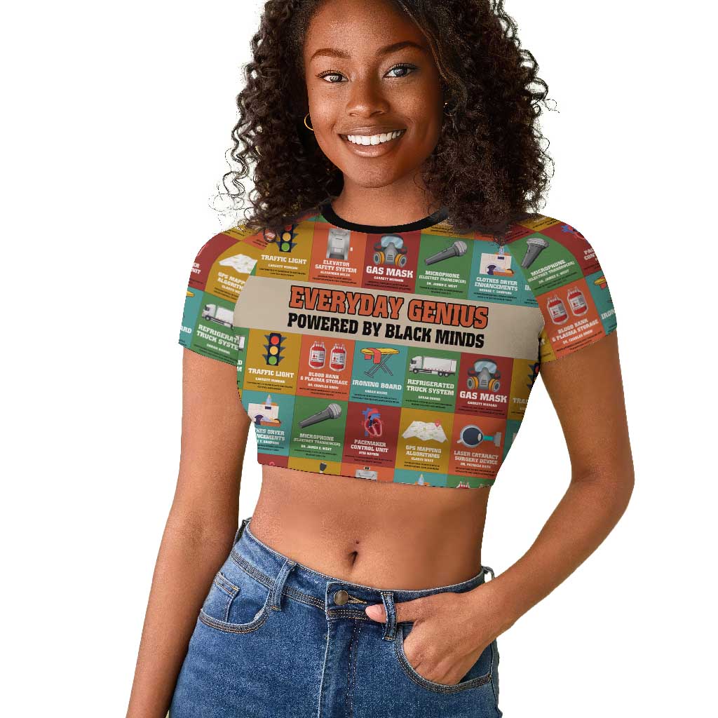 Everyday Genius Powered by Black Minds Raglan Cropped T shirt with Colorful Invention Icons Pattern - African Pride