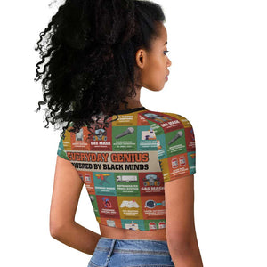 Everyday Genius Powered by Black Minds Raglan Cropped T shirt with Colorful Invention Icons Pattern - African Pride