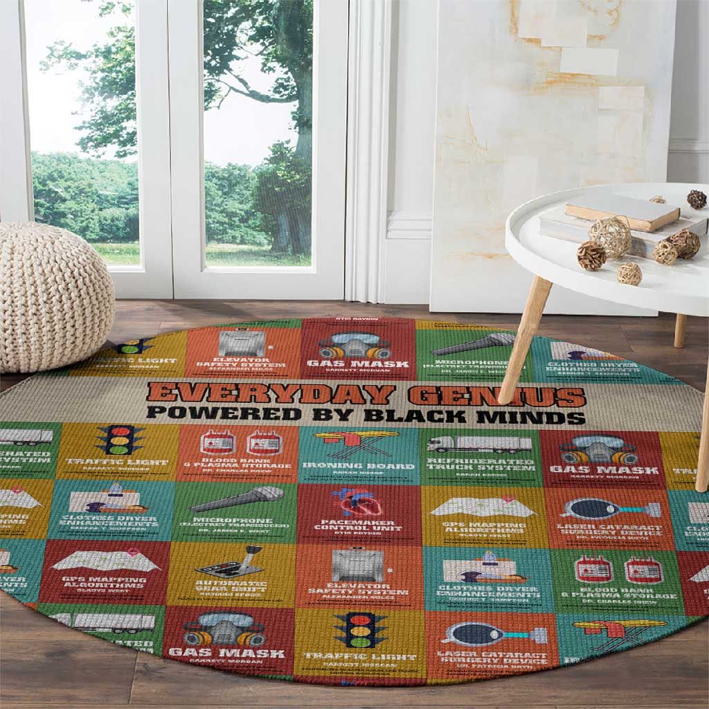 Everyday Genius Powered by Black Minds Round Carpet with Colorful Invention Icons Pattern - African Pride