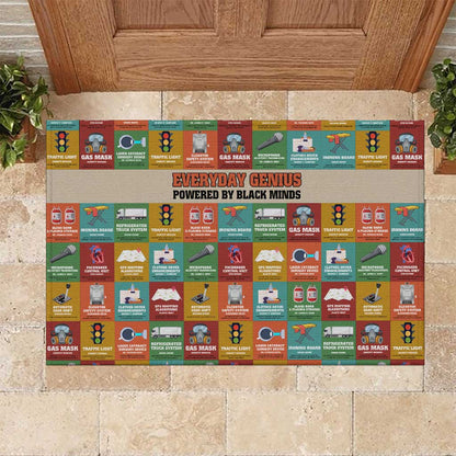 Everyday Genius Powered by Black Minds Rubber Doormat with Colorful Invention Icons Pattern - African Pride