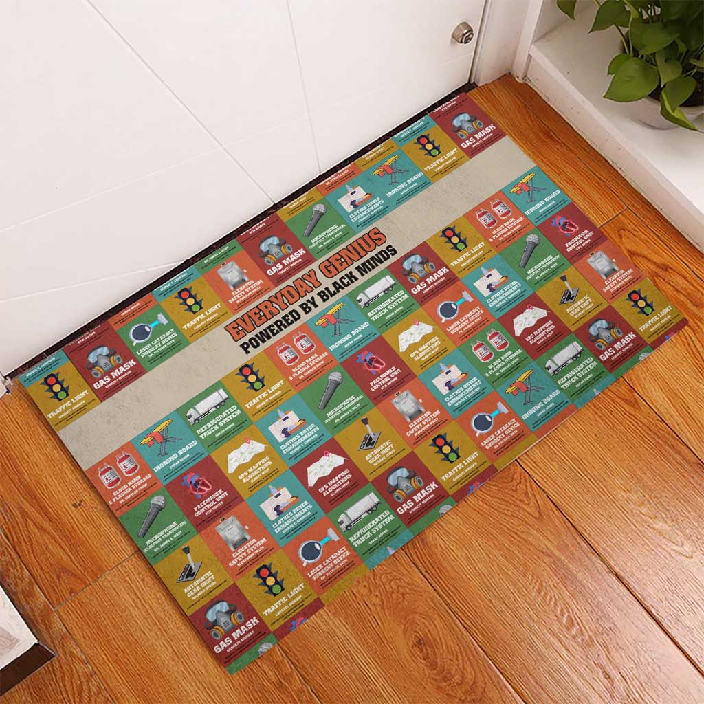 Everyday Genius Powered by Black Minds Rubber Doormat with Colorful Invention Icons Pattern - African Pride