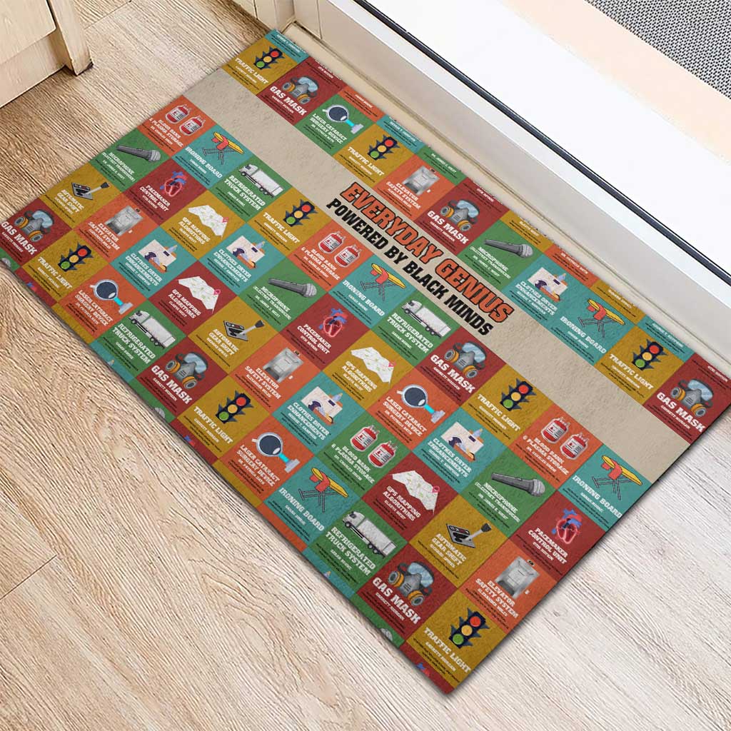 Everyday Genius Powered by Black Minds Rubber Doormat with Colorful Invention Icons Pattern - African Pride
