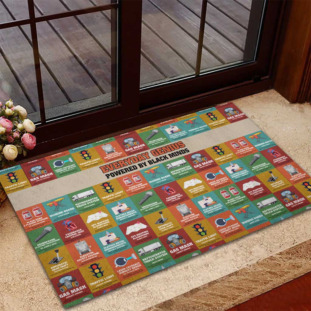 Everyday Genius Powered by Black Minds Rubber Doormat with Colorful Invention Icons Pattern - African Pride