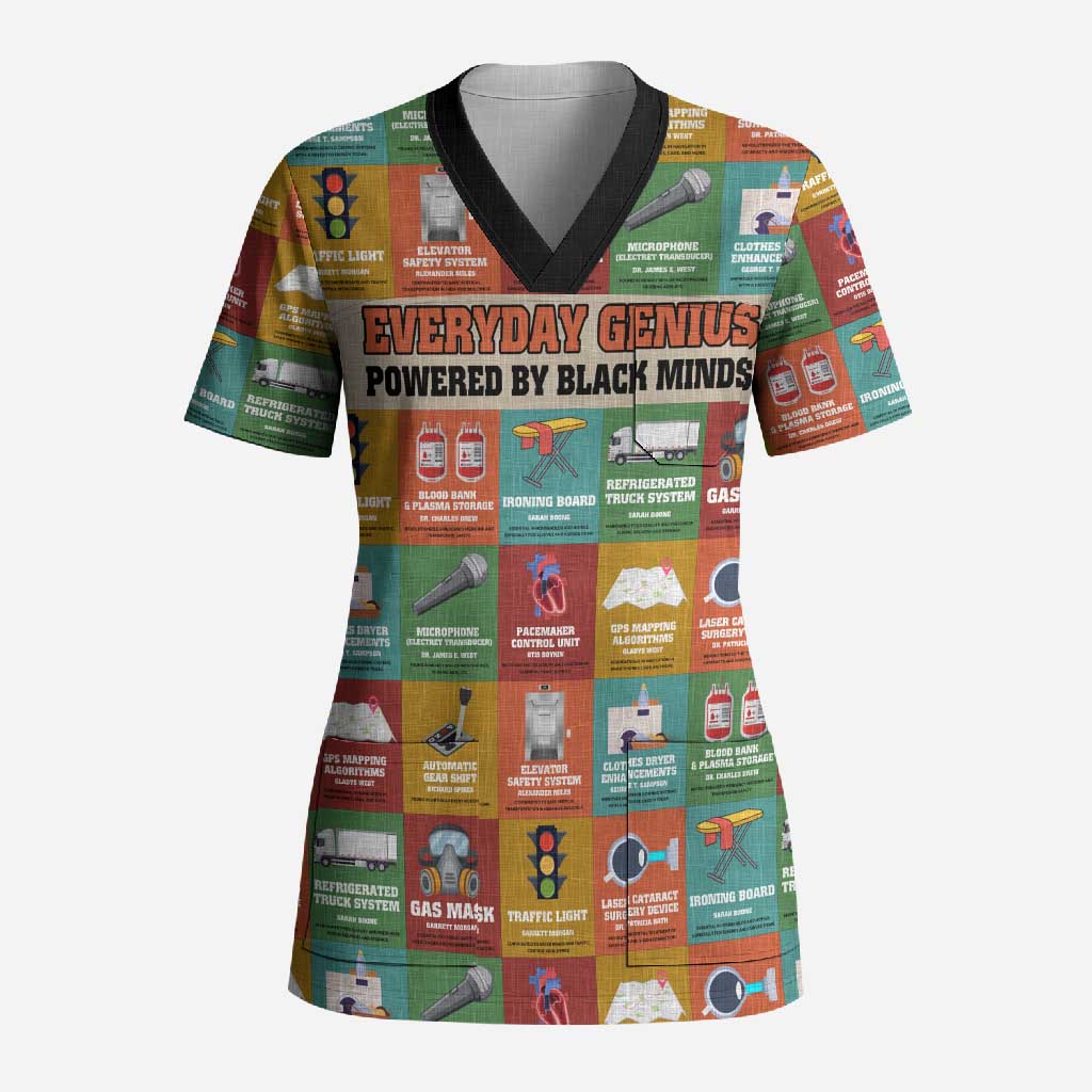 Everyday Genius Powered by Black Minds Scrub Top with Colorful Invention Icons Pattern - African Pride