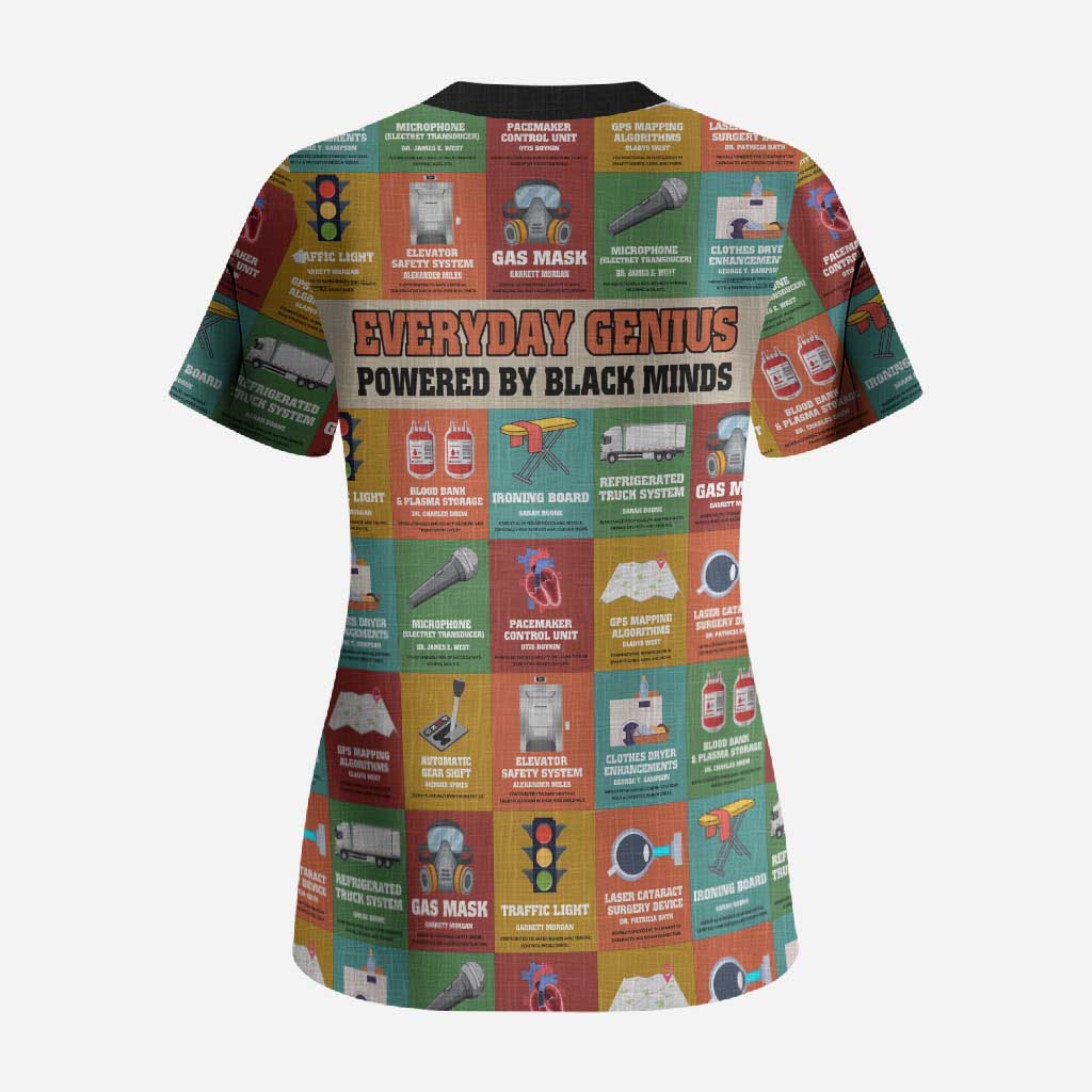 Everyday Genius Powered by Black Minds Scrub Top with Colorful Invention Icons Pattern - African Pride